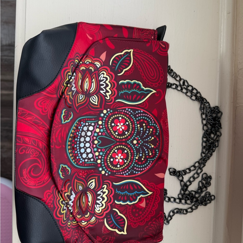 Vibrant Red and Black Skull Design Clutch